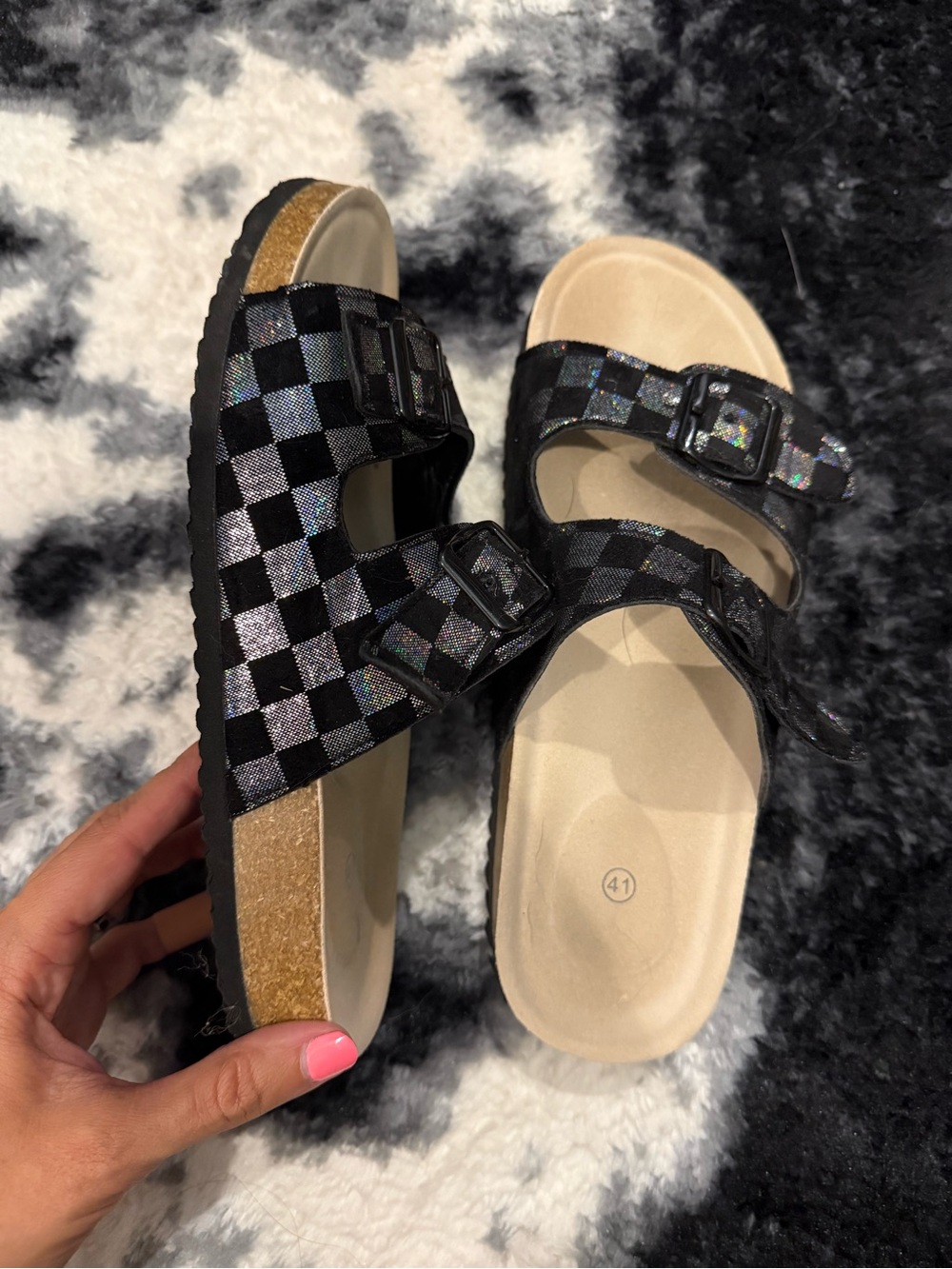 Black Holographic Checkered Slide Sandals